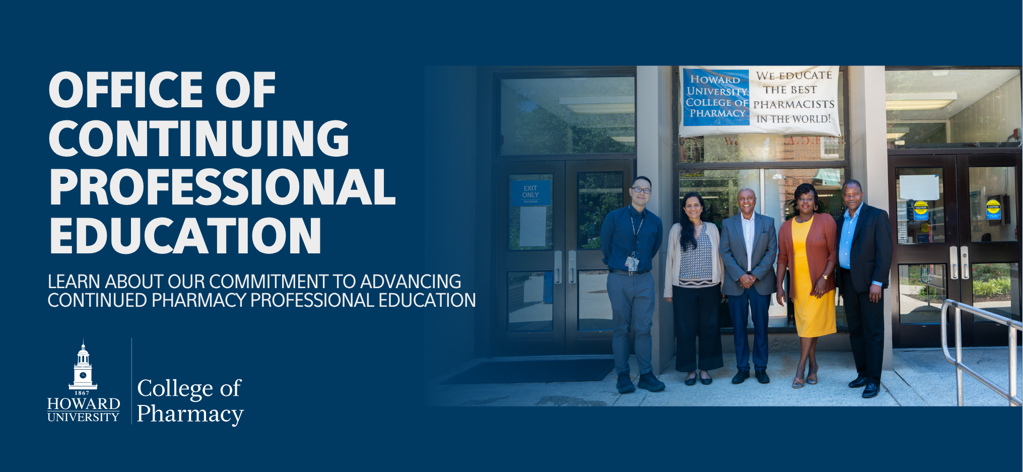 banner with text and a photo of a group of people standing in front of Howard's Chauncey Cooper hall 
