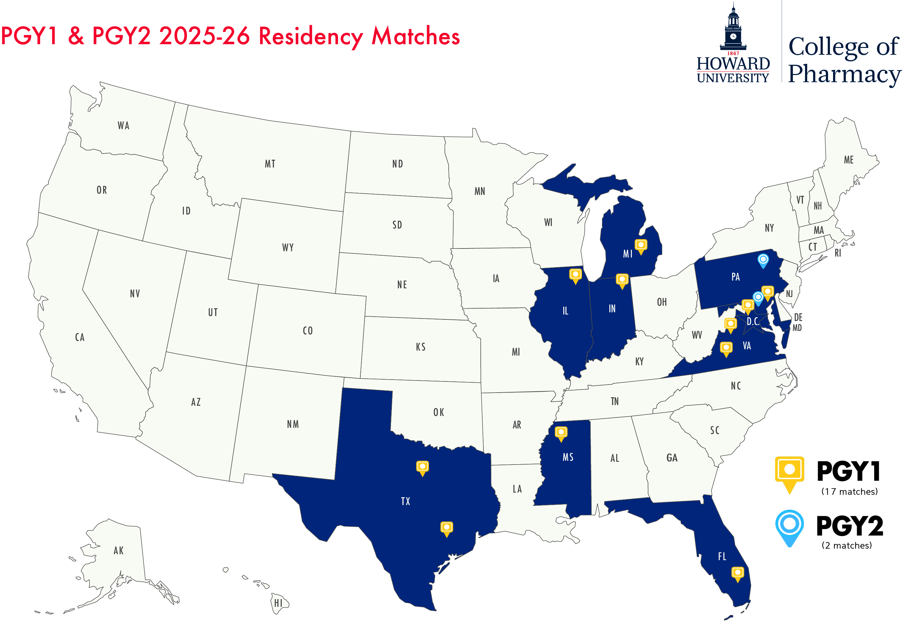 image of map showing pinpointed areas where the PGY1 and PGY2 students have matched in residency