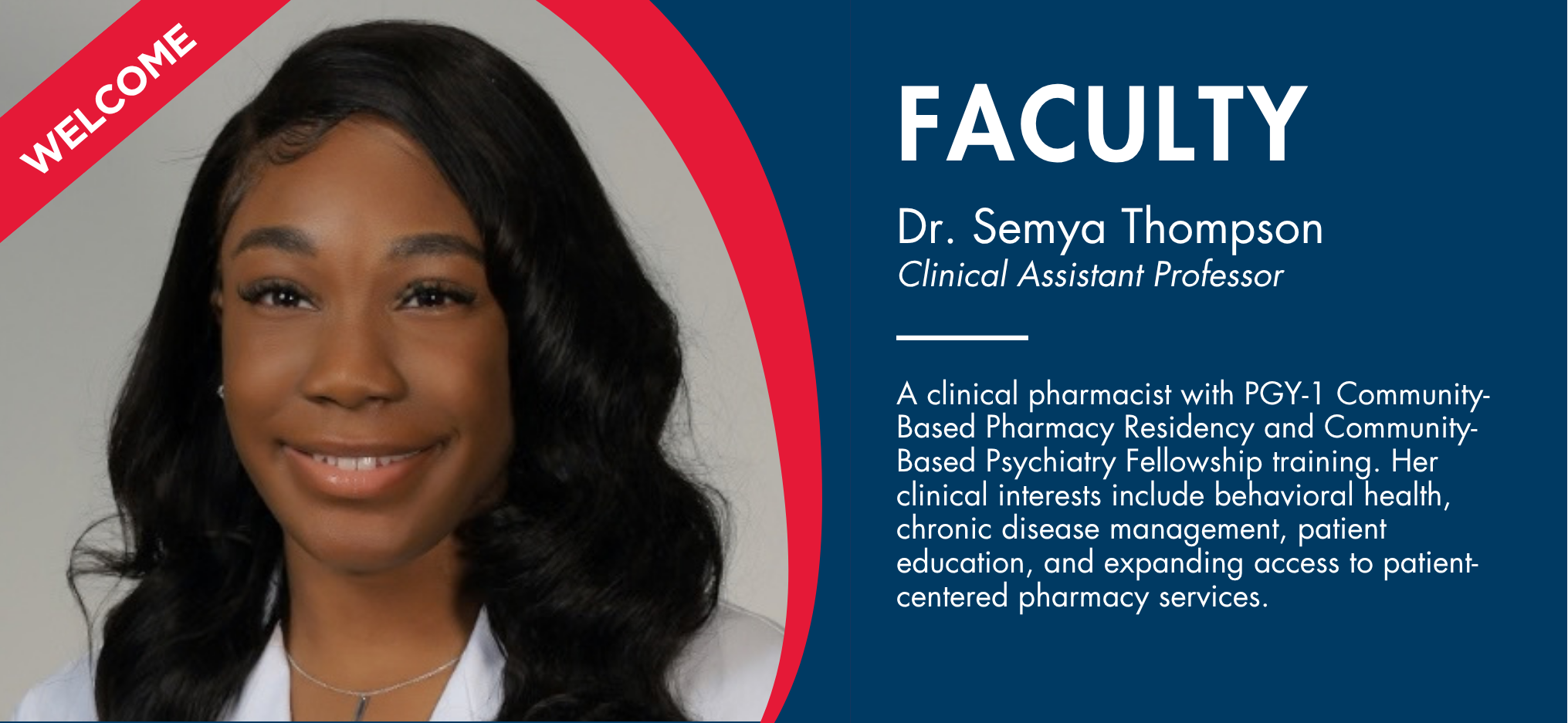 women smiling in headshot with description of her role as a pharmacist